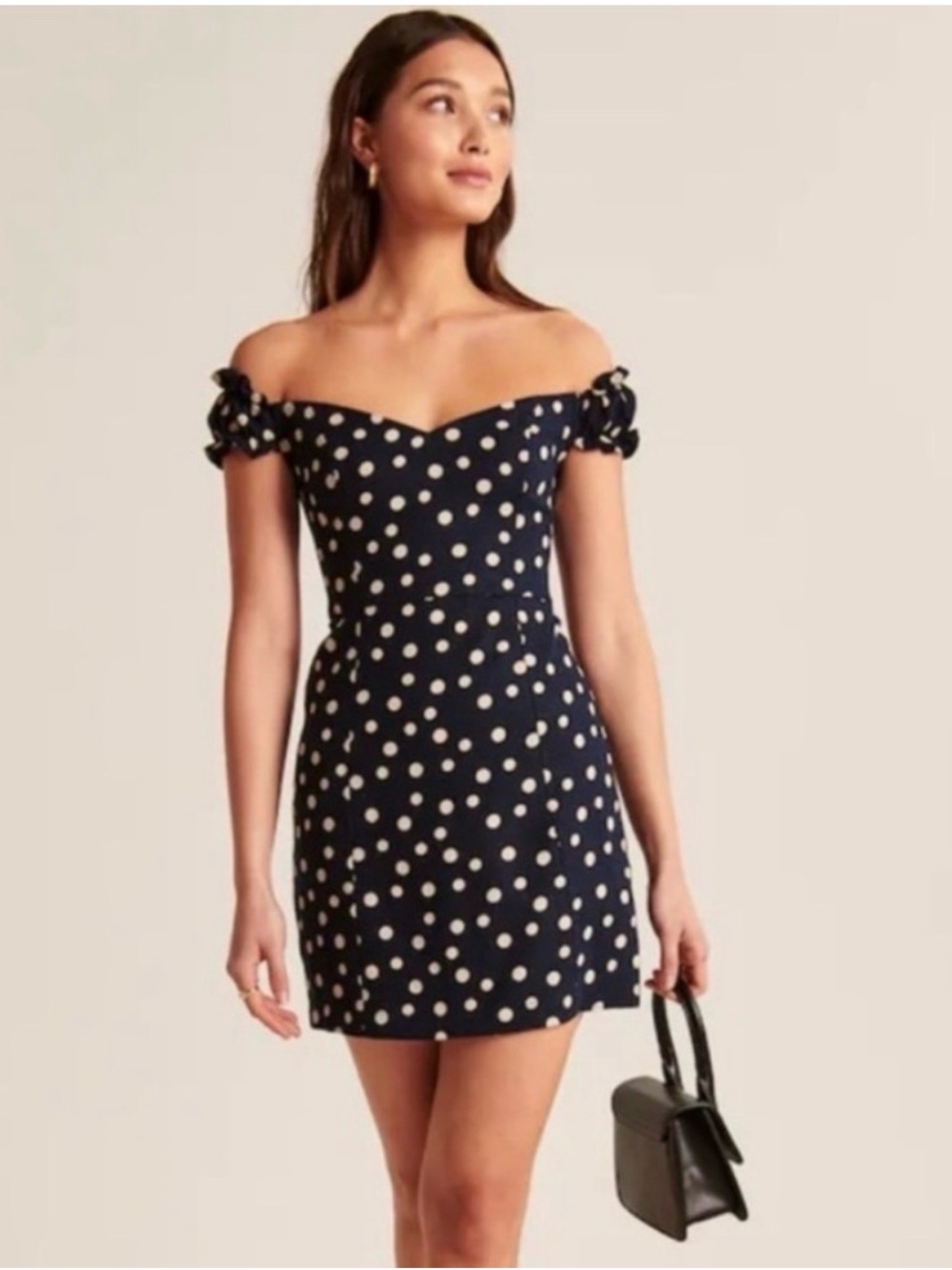 Abercrombie & Fitch Navy and White Polka Dot Off-Shoulder Mini Dress